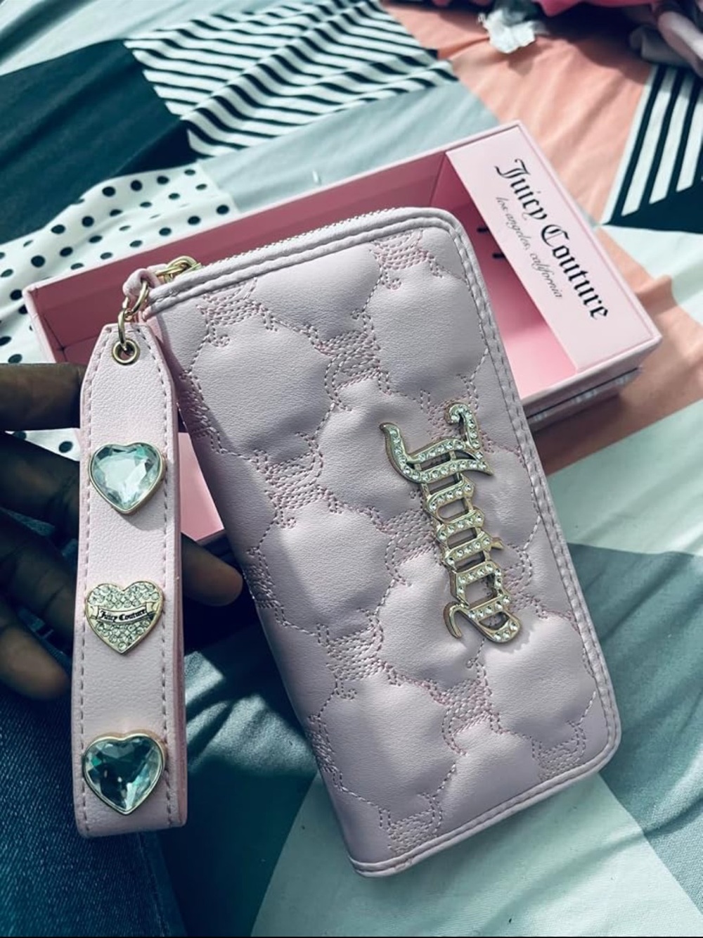 Juicy Couture Light Pink Quilted Wristlet Clutch with Heart Charms